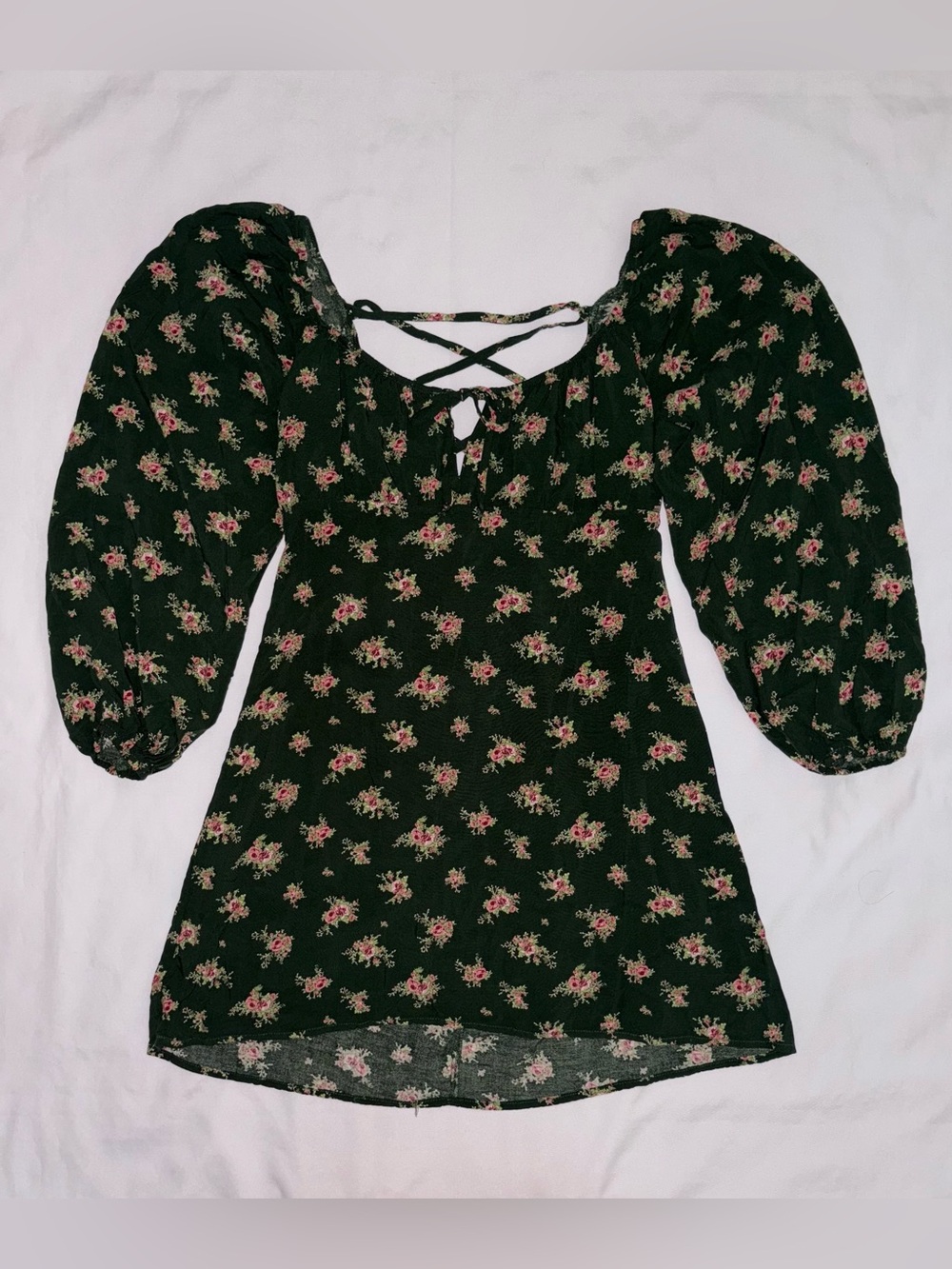 Stitch & Pine Green Floral Puff Sleeve Mini Dress Size Small